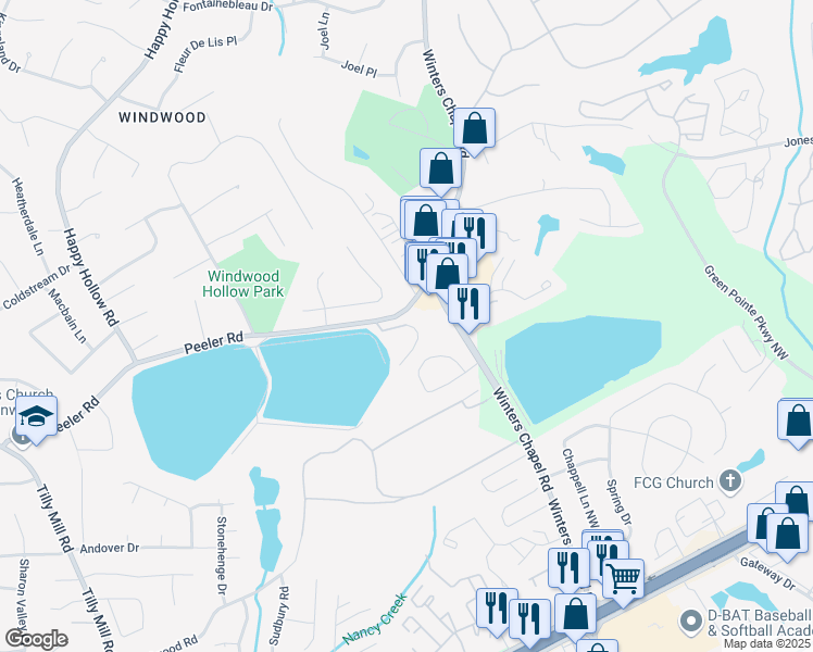 map of restaurants, bars, coffee shops, grocery stores, and more near 4870 Twin Lakes Trail in Atlanta