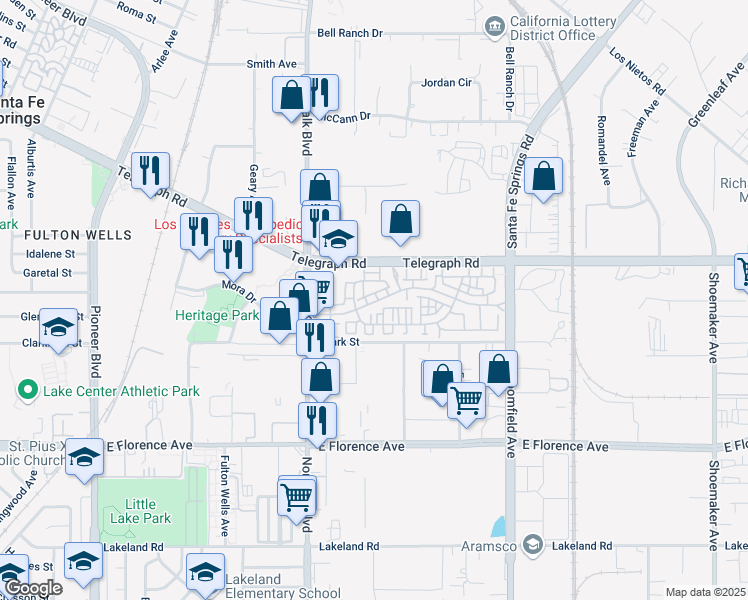 map of restaurants, bars, coffee shops, grocery stores, and more near 12313 Heritage Springs Drive in Santa Fe Springs