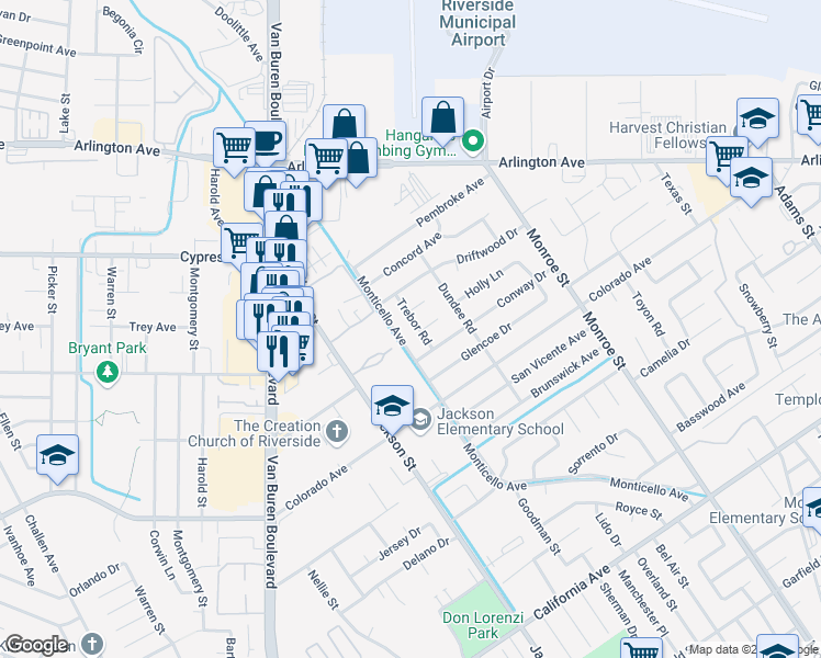 map of restaurants, bars, coffee shops, grocery stores, and more near 4738 Trebor Road in Riverside