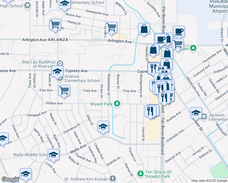 map of restaurants, bars, coffee shops, grocery stores, and more near 5816 Warren Street in Riverside