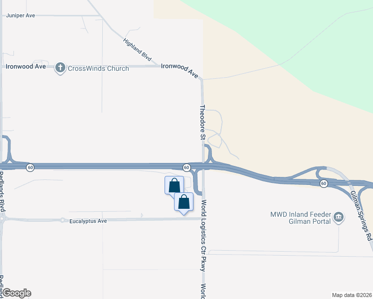 map of restaurants, bars, coffee shops, grocery stores, and more near Theodore Street in Moreno Valley