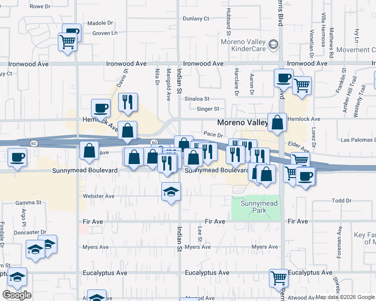 map of restaurants, bars, coffee shops, grocery stores, and more near Sunnymead Boulevard in Moreno Valley