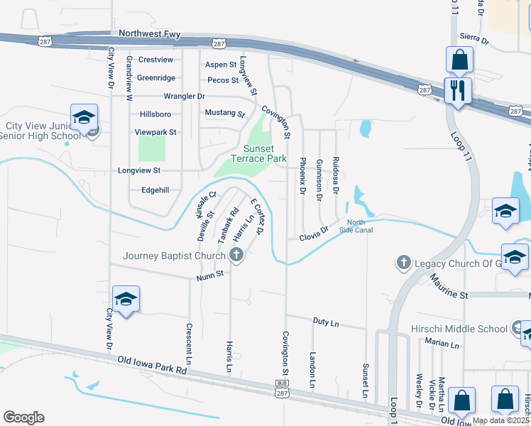map of restaurants, bars, coffee shops, grocery stores, and more near 1431 East Cortez Drive in Wichita Falls