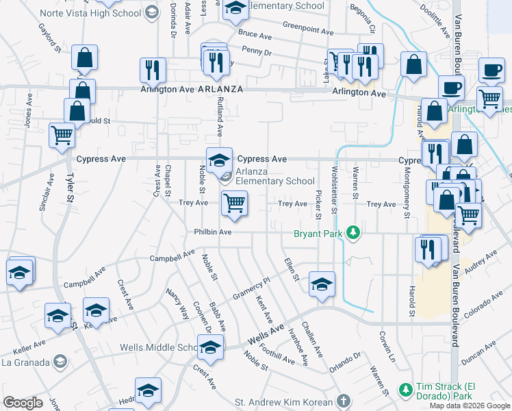 map of restaurants, bars, coffee shops, grocery stores, and more near 8751 Metta Circle in Riverside