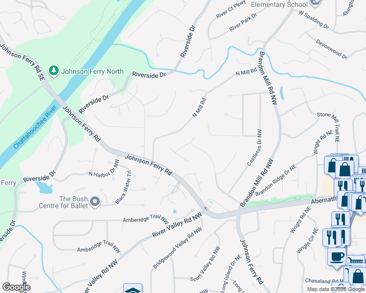 map of restaurants, bars, coffee shops, grocery stores, and more near 6770 River Springs Lane in Sandy Springs