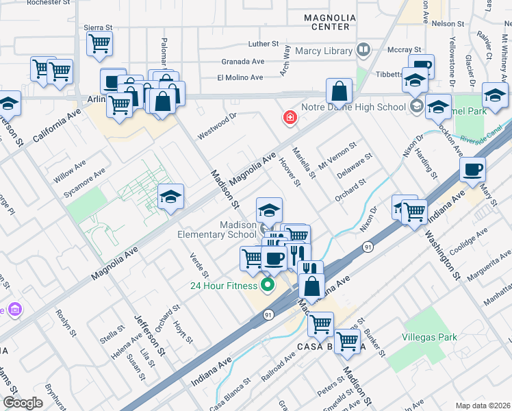 map of restaurants, bars, coffee shops, grocery stores, and more near 7457 Mount Vernon Street in Riverside