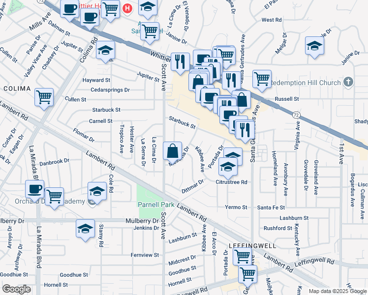 map of restaurants, bars, coffee shops, grocery stores, and more near 10415 Messina Drive in Whittier