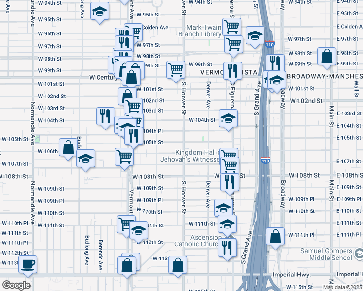 map of restaurants, bars, coffee shops, grocery stores, and more near 10507 South Hoover Street in Los Angeles