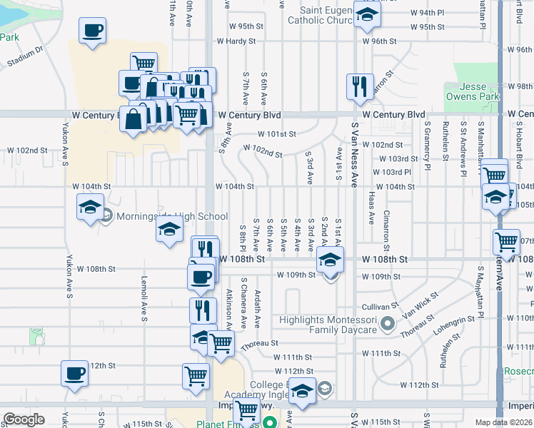 map of restaurants, bars, coffee shops, grocery stores, and more near 10513 South 6th Avenue in Inglewood