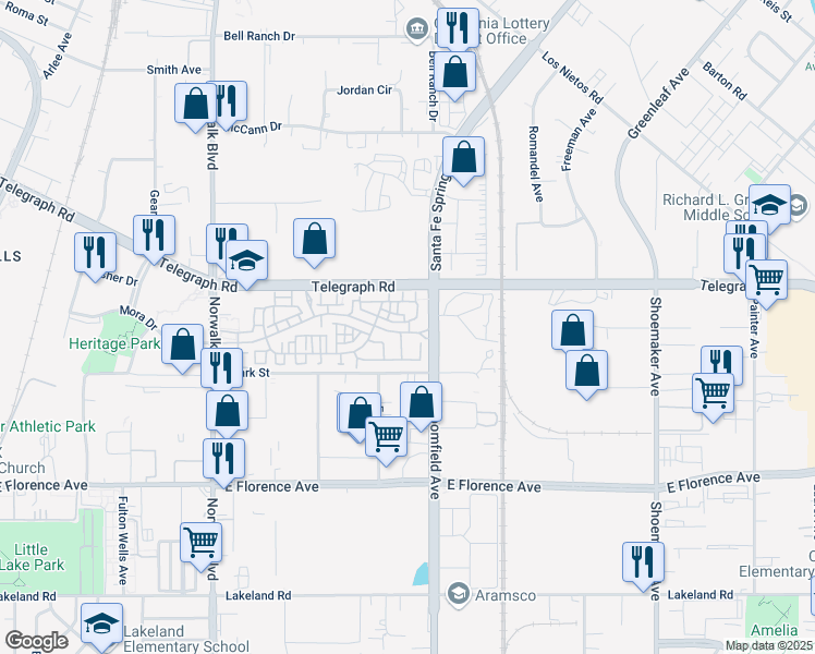 map of restaurants, bars, coffee shops, grocery stores, and more near 12561 Heritage Springs Drive in Santa Fe Springs