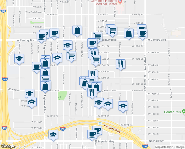 map of restaurants, bars, coffee shops, grocery stores, and more near 10513 Hawthorne Blvd in Lennox
