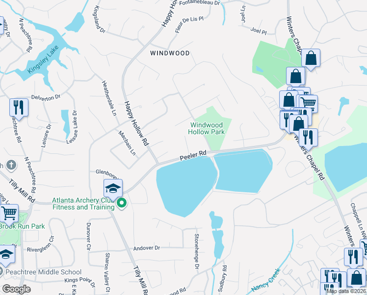 map of restaurants, bars, coffee shops, grocery stores, and more near 4880 Windwood Drive in Doraville