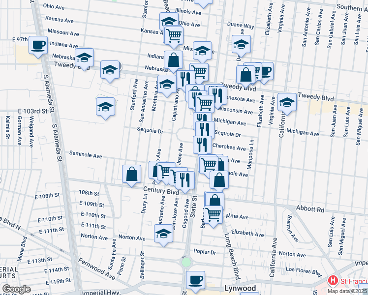 map of restaurants, bars, coffee shops, grocery stores, and more near 10346 San Jose Avenue in South Gate