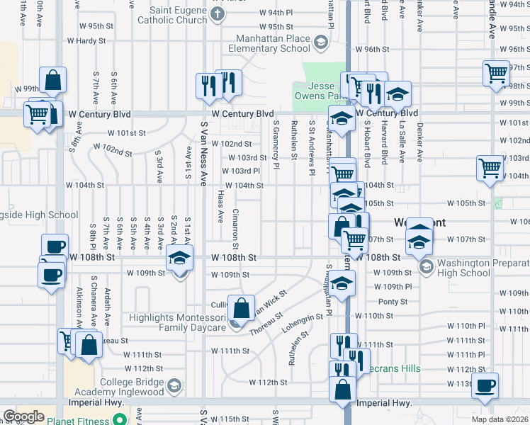 map of restaurants, bars, coffee shops, grocery stores, and more near 10518 South Wilton Place in Los Angeles