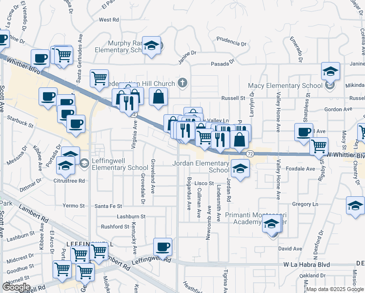 map of restaurants, bars, coffee shops, grocery stores, and more near 16218 Whittier Boulevard in Whittier