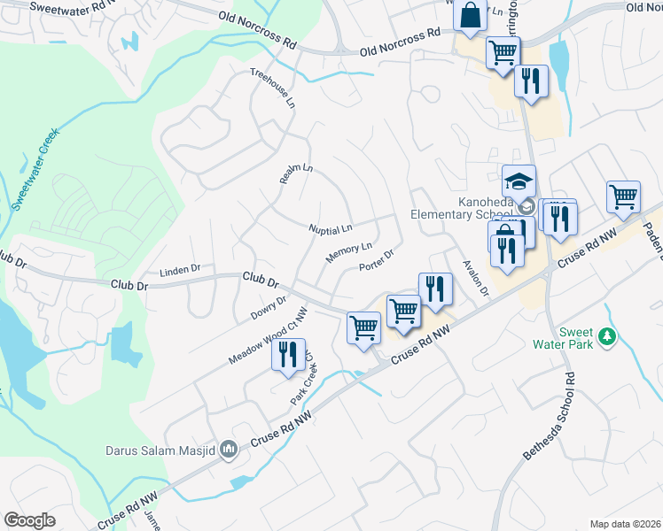 map of restaurants, bars, coffee shops, grocery stores, and more near 969 Memory Lane in Lawrenceville