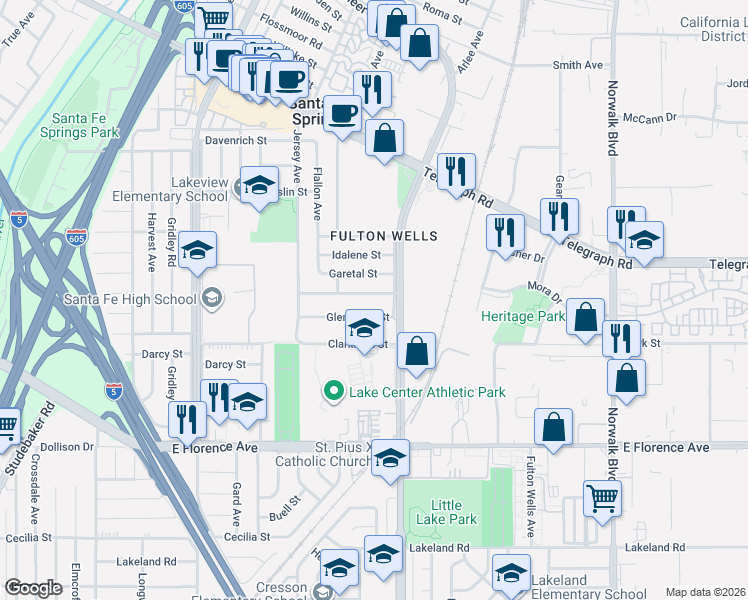 map of restaurants, bars, coffee shops, grocery stores, and more near 11742 Parkmead Street in Santa Fe Springs