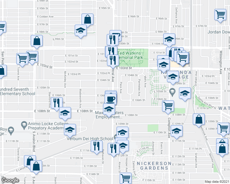 map of restaurants, bars, coffee shops, grocery stores, and more near 10516 South Central Avenue in Los Angeles