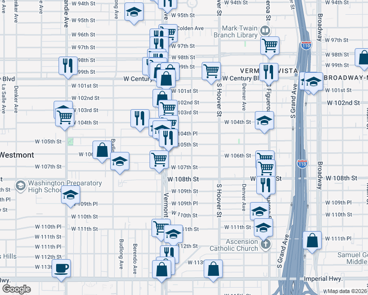 map of restaurants, bars, coffee shops, grocery stores, and more near 816 West 105th Street in Los Angeles