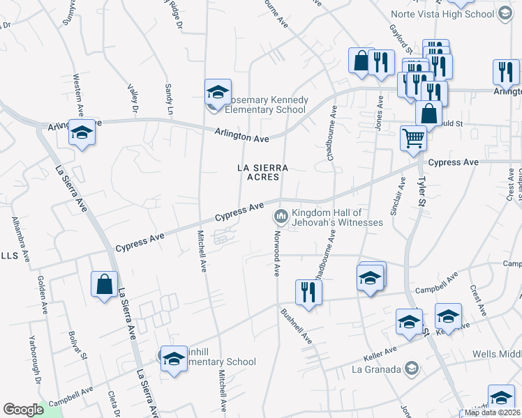map of restaurants, bars, coffee shops, grocery stores, and more near 10648 Cypress Avenue in Riverside