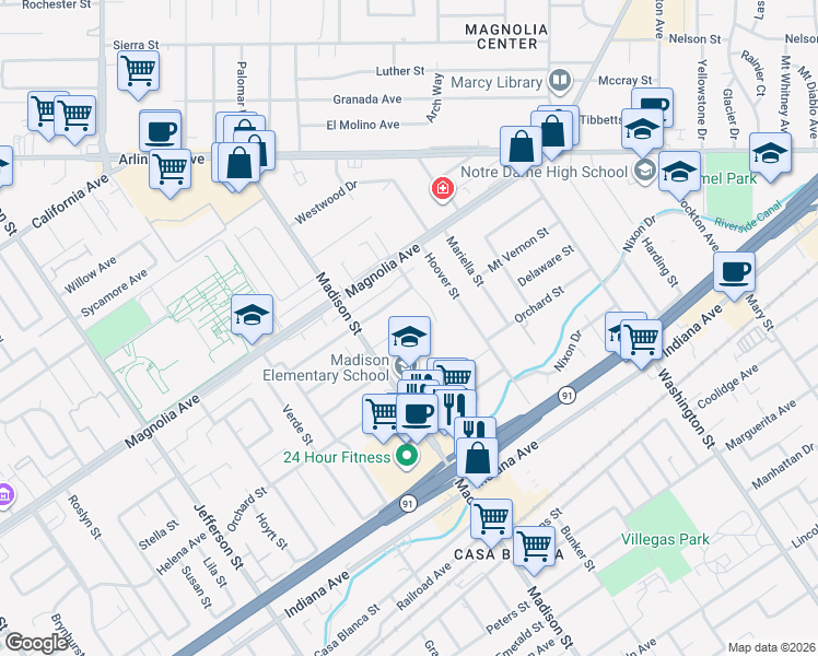 map of restaurants, bars, coffee shops, grocery stores, and more near 7410 Mount Vernon Street in Riverside
