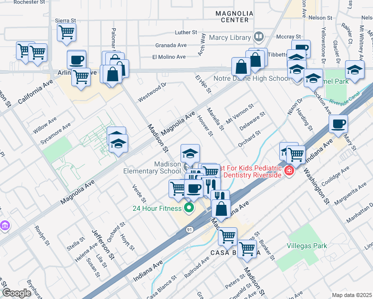 map of restaurants, bars, coffee shops, grocery stores, and more near 7410 Mount Vernon Street in Riverside