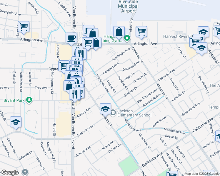 map of restaurants, bars, coffee shops, grocery stores, and more near 4736 Trebor Road in Riverside