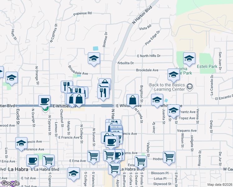 map of restaurants, bars, coffee shops, grocery stores, and more near 900950 North Harbor Boulevard in La Habra
