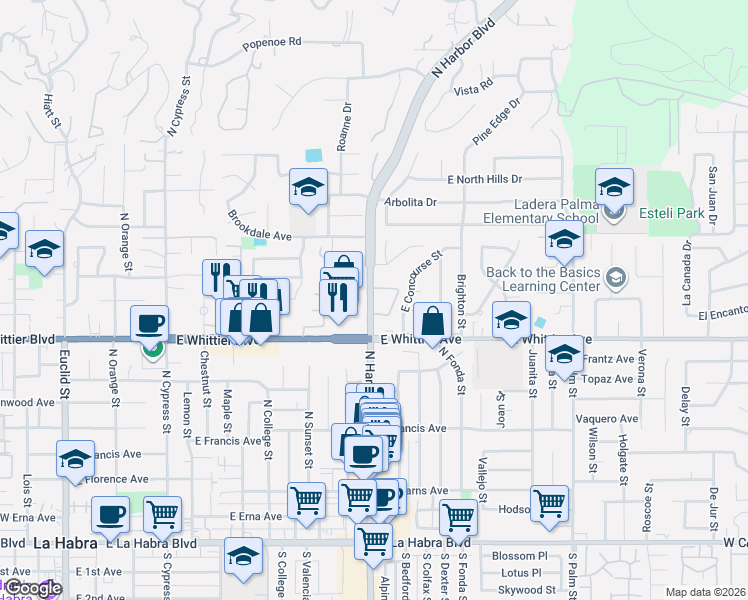 map of restaurants, bars, coffee shops, grocery stores, and more near 900950 North Harbor Boulevard in La Habra