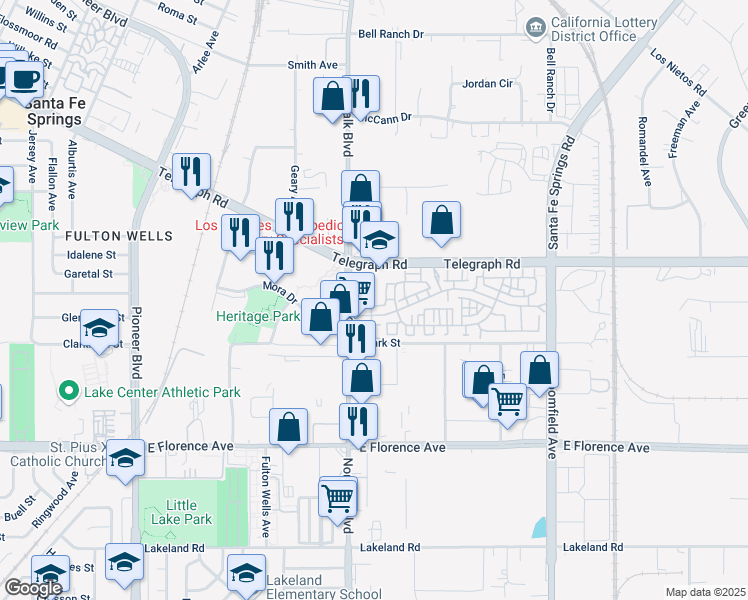 map of restaurants, bars, coffee shops, grocery stores, and more near 12201-12599,12200-12598 Park Avenue in Santa Fe Springs