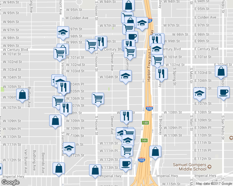 map of restaurants, bars, coffee shops, grocery stores, and more near 542 West 105th Street in Los Angeles