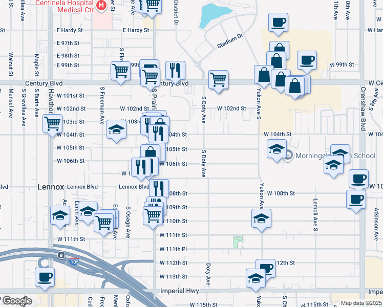 map of restaurants, bars, coffee shops, grocery stores, and more near 3830 West 105th Street in Inglewood