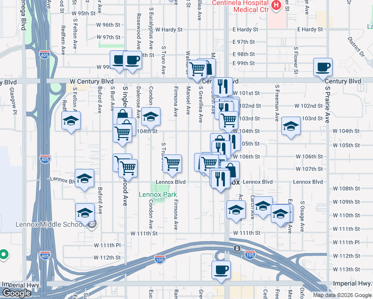 map of restaurants, bars, coffee shops, grocery stores, and more near 10525 Mansel Avenue in Lennox