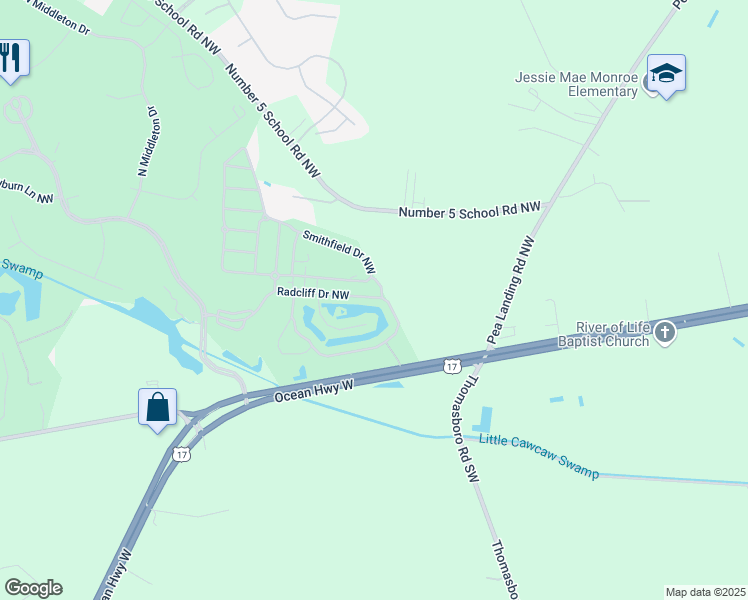 map of restaurants, bars, coffee shops, grocery stores, and more near 8855 Radcliff Drive Northwest in Calabash