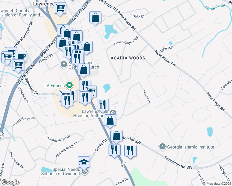 map of restaurants, bars, coffee shops, grocery stores, and more near 110 Kubol Drive in Lawrenceville