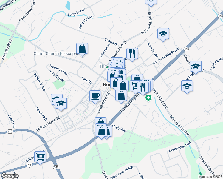 map of restaurants, bars, coffee shops, grocery stores, and more near 141 South Peachtree Street in Norcross
