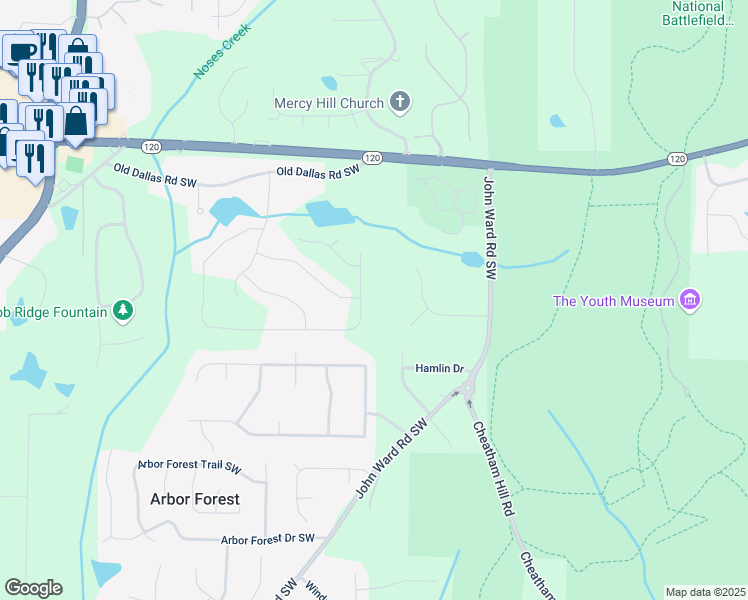 map of restaurants, bars, coffee shops, grocery stores, and more near 2340 Ellis Mountain Drive in Marietta