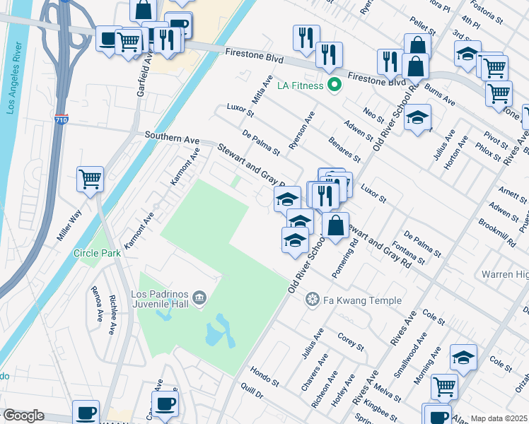 map of restaurants, bars, coffee shops, grocery stores, and more near 11938 Heritage Circle in Downey