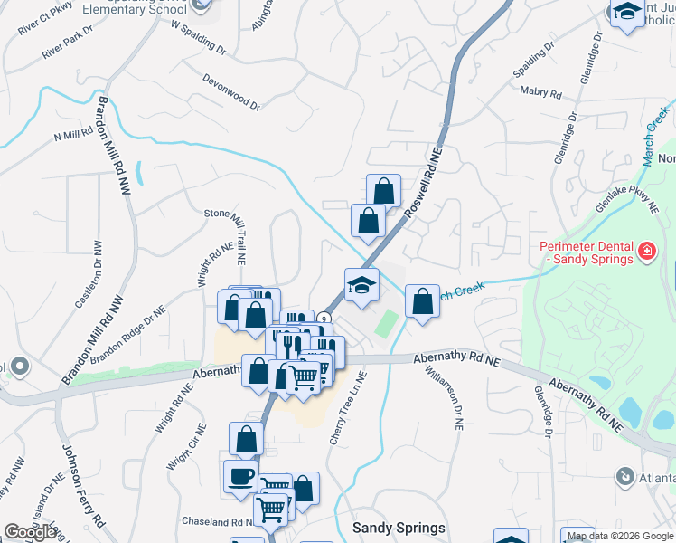 map of restaurants, bars, coffee shops, grocery stores, and more near 6700 Roswell Road in Atlanta