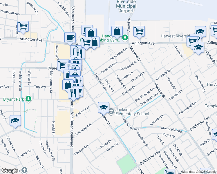map of restaurants, bars, coffee shops, grocery stores, and more near 4736 Trebor Road in Riverside