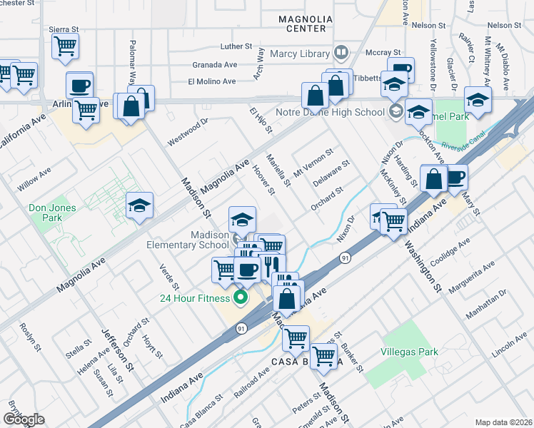 map of restaurants, bars, coffee shops, grocery stores, and more near 3659 San Rafael Way in Riverside