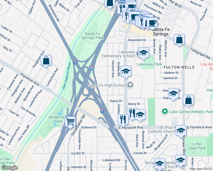 map of restaurants, bars, coffee shops, grocery stores, and more near 10405 Longworth Avenue in Santa Fe Springs