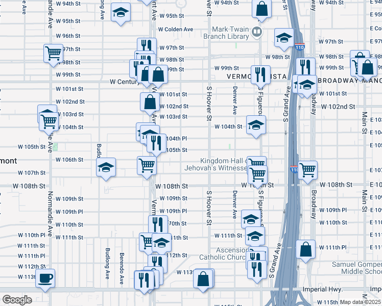 map of restaurants, bars, coffee shops, grocery stores, and more near 744 West 105th Street in Los Angeles