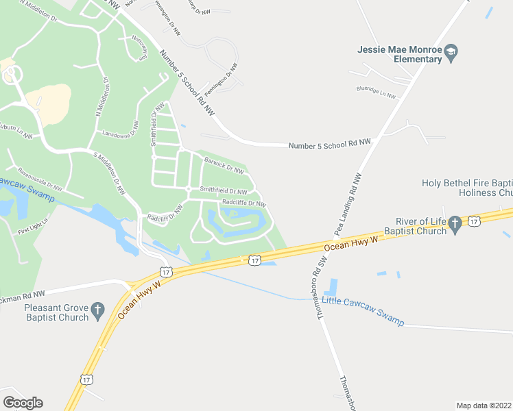 map of restaurants, bars, coffee shops, grocery stores, and more near 8855 Radcliff Drive Northwest in Calabash