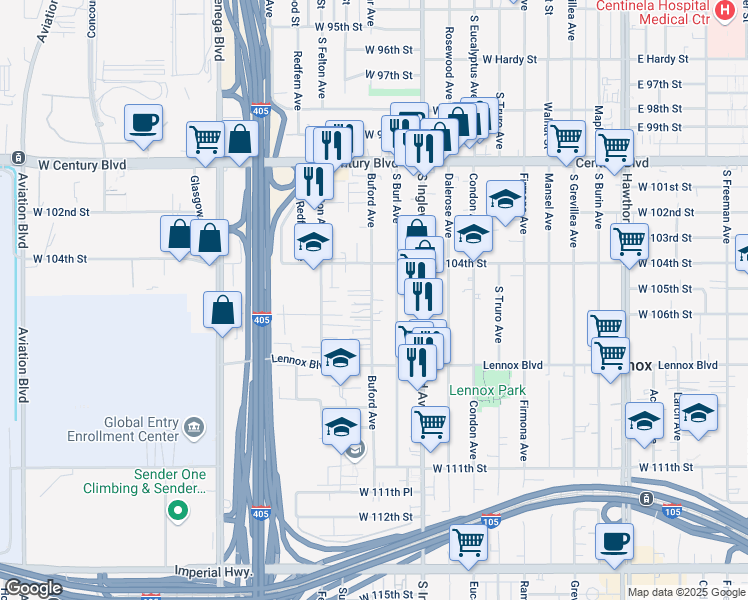 map of restaurants, bars, coffee shops, grocery stores, and more near 10518 Buford Avenue in Inglewood