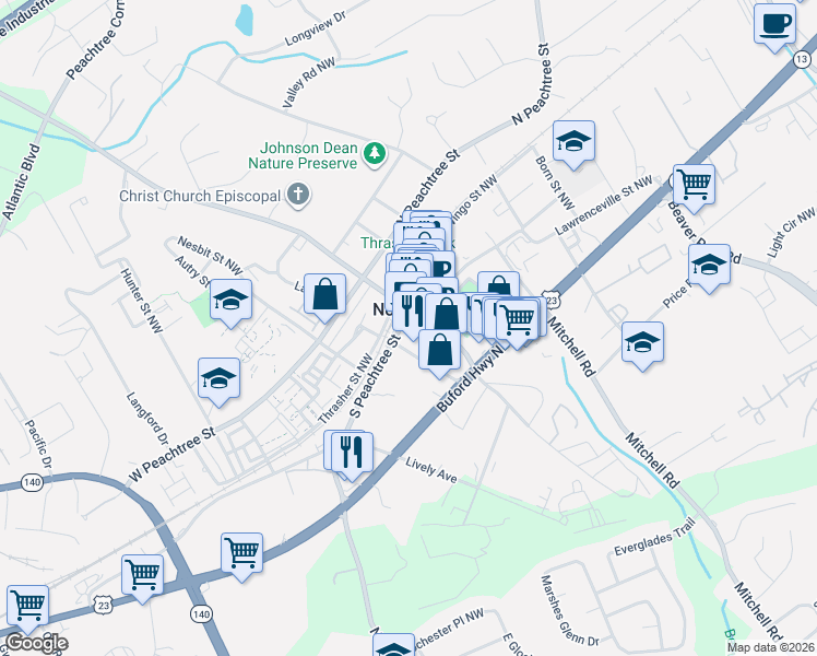 map of restaurants, bars, coffee shops, grocery stores, and more near 92 Autry Street Northwest in Norcross