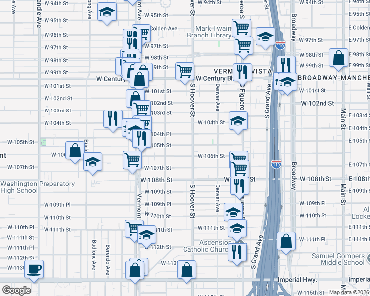 map of restaurants, bars, coffee shops, grocery stores, and more near 716 West 105th Street in Los Angeles