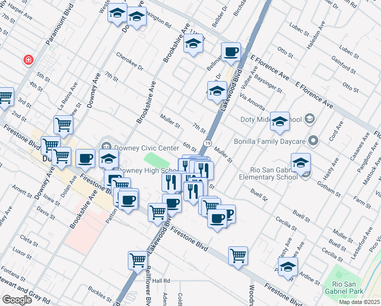 map of restaurants, bars, coffee shops, grocery stores, and more near 8730 6th Street in Downey