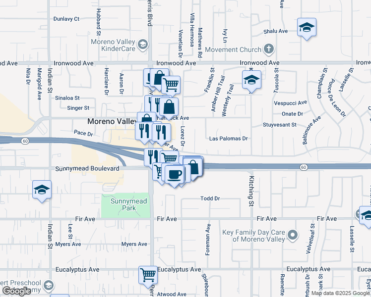 map of restaurants, bars, coffee shops, grocery stores, and more near 12410 Lorez Drive in Moreno Valley