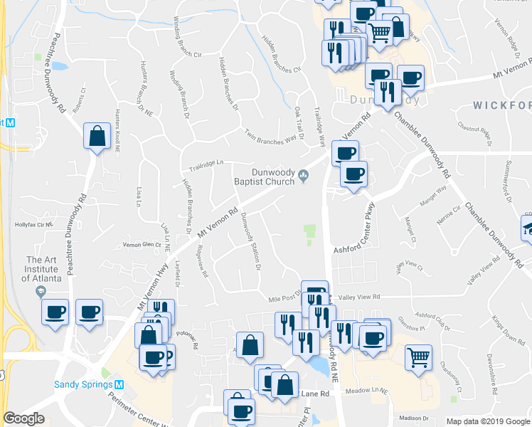 map of restaurants, bars, coffee shops, grocery stores, and more near 1123 Atcheson Lane in Dunwoody